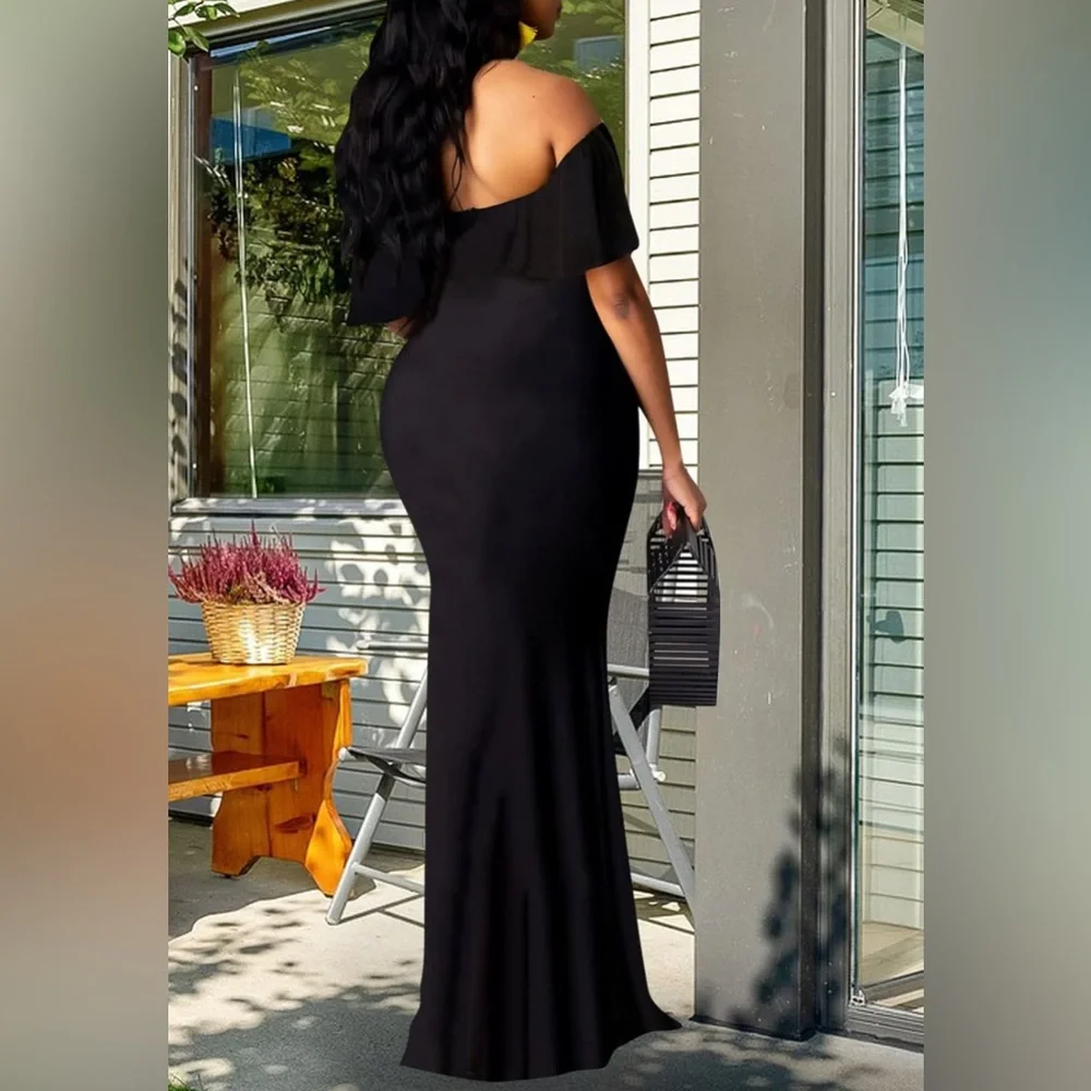 NEW Off The Shoulder Maxi Dress Black Ruffle Evening Party Long Dress Size L - Picture 9 of 12